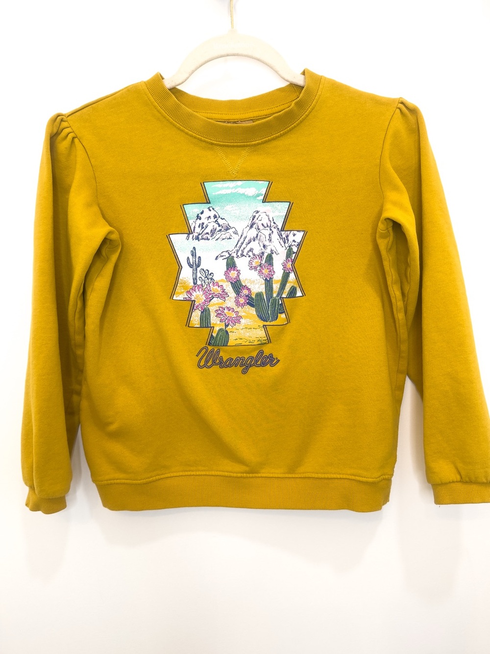 Wrangler Mustard Desert Cactus Mountain Graphic Puff Sleeve Sweatshirt L Western